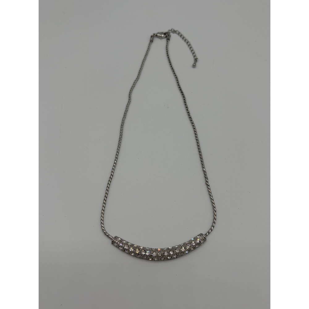 Silver Tone Rhinestone Pavé Curved Bar Pendant Necklace Twisted Rope Chain 16in